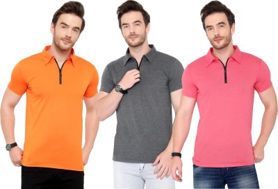 Tivy Solid Men Polo Neck Pink, Orange, Grey T-Shirt