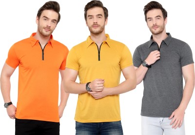 Tivy Solid Men Polo Neck Orange, Grey, Yellow T-Shirt