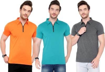 Moordale Solid Men Polo Neck Orange, Grey, Light Green T-Shirt