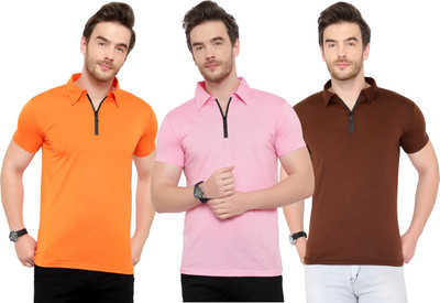 Moordale Solid Men Polo Neck Brown, Pink, Orange T-Shirt