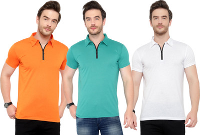 Moordale Solid Men Polo Neck Light Blue, White, Orange T-Shirt
