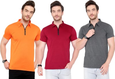 Tivy Solid Men Polo Neck Maroon, Orange, Grey T-Shirt