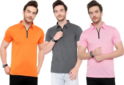 Adorbs Solid Men Polo Neck Brown, Pink, Grey T-Shirt