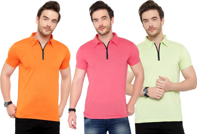 Moordale Solid Men Polo Neck Pink, Orange, Light Green T-Shirt