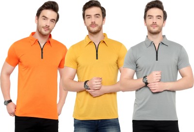 Tivy Solid Men Polo Neck Orange, Grey, Yellow T-Shirt