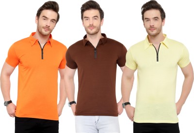 Moordale Solid Men Polo Neck Brown, Orange, Yellow T-Shirt