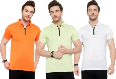 Tivy Solid Men Polo Neck White, Orange, Light Green T-Shirt