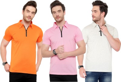 Tivy Solid Men Polo Neck Pink, Orange, Grey T-Shirt