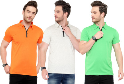 Moordale Solid Men Polo Neck Green, Orange, Grey T-Shirt