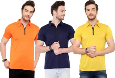 Tivy Solid Men Polo Neck Blue, Orange, Yellow T-Shirt