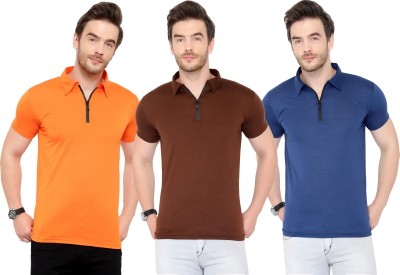 Adorbs Solid Men Polo Neck Blue, Brown, Orange T-Shirt