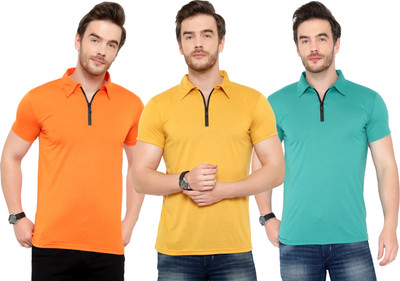 Adorbs Solid Men Polo Neck Green, Orange, Yellow T-Shirt