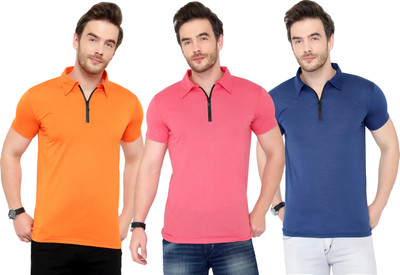 Adorbs Solid Men Polo Neck Dark Blue, Pink, Orange T-Shirt