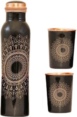 SEAHAVEN Pure Meena Print Copper Water Bottle for Storage Water Leak Proof With 2 Glasses 1000 ml Bottle(Pack of 1, Black, Copper)