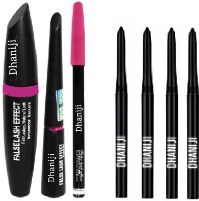 Dhaniji Eyebrow Pencil Black & EyeLiner & Mascara & kajal 4 pcs (7 Items in the set)(7 Items in the set)