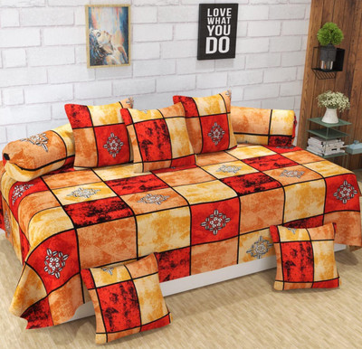 igi Polycotton Checkered Diwan Set(Yellow, Red)