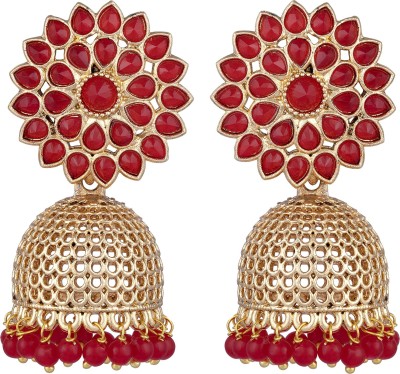 PEORA Gold Plated Floral Studded Red Jhumki Traditional Wedding Earrings for Women Brass Jhumki Earring