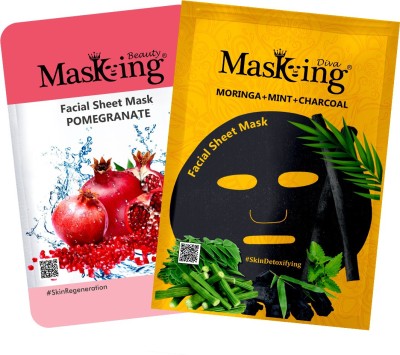 MasKing Beauty Facial Sheet Mask of Pomegranate & Diva Moringa, Mint & Charcoal Facial Sheet Mask for Women & Men (Combo of 2)(45 ml)