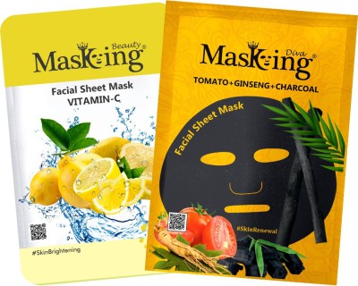 MasKing Beauty Facial Sheet Mask of Vitamin-C & Diva Tomato, Ginseng & Charcoal Facial Sheet Mask for Women & Men (Combo of 2)(45 ml)