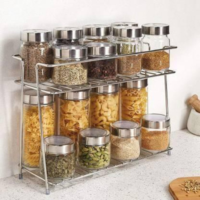 Stainless Steel Spice 2-Tier Trolley Container Organizer Organiser/Basket for Boxes Utensils Dishes Plates for Home (Multipurpose Kitchen Storage Shelf Shelves Holder Stand Rack) Containers Kitchen Rack(Steel)