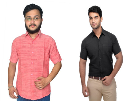 DESHBANDHU DBK Men Striped Casual Black, Pink Shirt(Pack of 2)