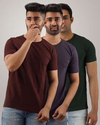 FERANOID Solid Men Round Neck Dark Blue, Dark Green, Brown T-Shirt
