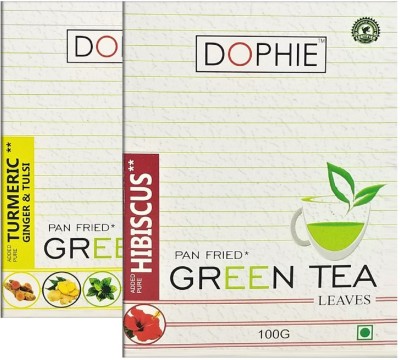 dophie Turmeric Ginger Tulsi green tea , Hibiscus Green tea leaves [COMBO PACK-2]Great Source of Vitamins, Minerals, Antioxidants and Immunity support (100gm Each) Herbs Green Tea Box(2 x 100 g)