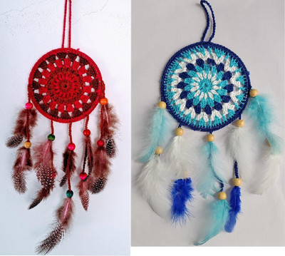 ArtsbySushma Combo set of 2 Dreamcatchers Blue White & Pink Brown 4 inch Crochet Design Wool Dream Catcher(7 inch, Blue, Brown, White, Pink)