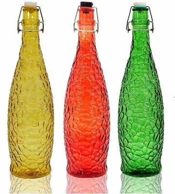 Machak Crick Glass Water Bottle for Fridge Mix Colors X 3 1000 ml Bottle(Pack of 3, Yellow, Red, Green, Glass)