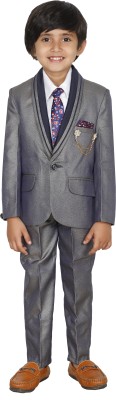 DKGF FASHION Boys Party(Festive) Shirt Trouser, Coat, Tie(Grey)