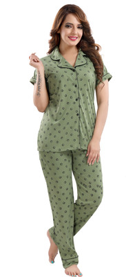 Womenoire Women Printed Green Shirt & Pyjama set