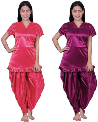 Minha Women Solid Pink, Maroon Top & Pyjama Set