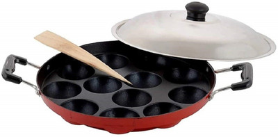 SEREE 12 Cavities Non Stick Appam Patra with Lid,Red (Paniyarrakal/Paniyaram/Appam Pan/Maker/Pan Cake Maker) Paniarakkal with Lid 1 L capacity 24 cm diameter(Aluminium, Non-stick)