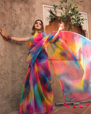ramiv vastra Printed Bollywood Organza Saree(Multicolor)