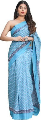 Kiaaron Blocked Printed Daily Wear Pure Cotton Saree(Blue)