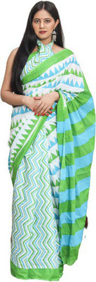 Kiaaron Blocked Printed Daily Wear Pure Cotton Saree(White)