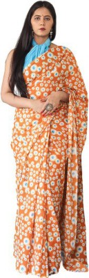 Kiaaron Blocked Printed Daily Wear Pure Cotton Saree(Orange)