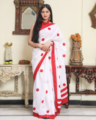 Pallo Latke Blocked Printed Daily Wear Pure Cotton Saree(White)