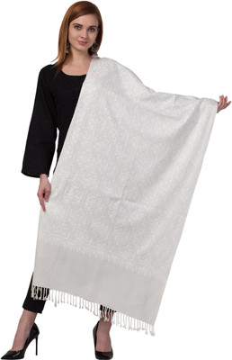 Tweedle Polyester Wool Blend Embroidered Women Shawl(White)