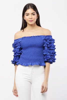 SAHANA STYLE Casual Half Sleeve Solid Women Blue Top