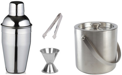 Dynore (large) - Cocktail shaker, Ice Tong, Double Wall Ice bucket and Peg measure 4 - Piece Bar Set(Stainless Steel)