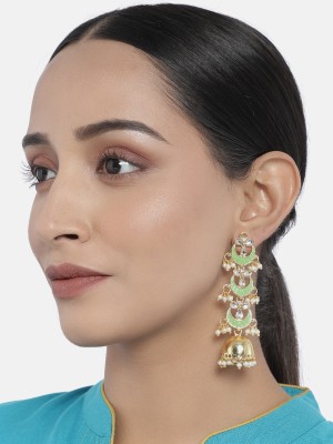 I Jewels 18K Gold Plated 3 Layered Long Jhumki Earrings With Mint Enamel Glided With Kundans & Pearls Alloy Jhumki Earring