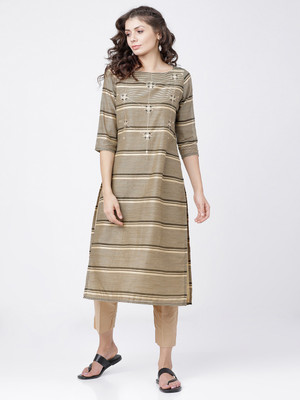 Vishudh Women Striped Straight Kurta(Grey)