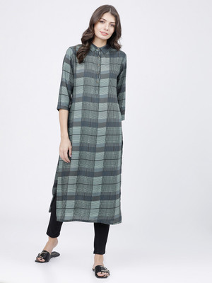 Vishudh Women Printed Straight Kurta(Grey)