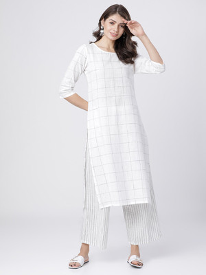 Vishudh Women Checkered Straight Kurta(White)