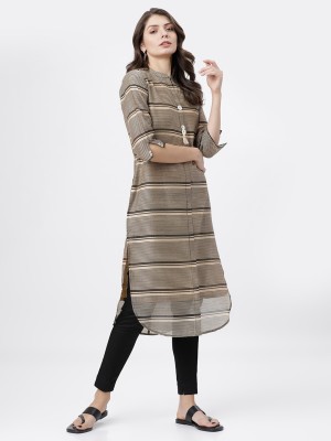 Vishudh Women Striped Straight Kurta(Grey)