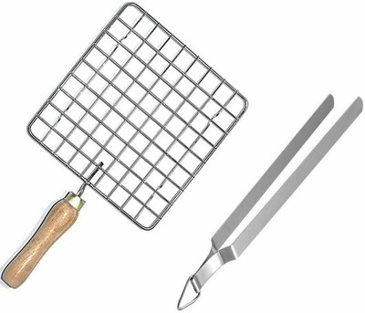 Saviraj Roaster and chimta Combo tandoor Barbeque Tong/Steel Tong Stainless Steel Wire Roaster Wooden Handle with Roasting Net Papad Jali Roti Grill Chapati Grill Square Roaster 1+Tong Set of 2 roti Jali Tong 2 kg Roaster(Multicolor)