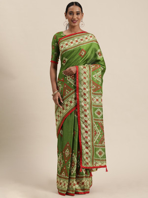 Ratnavati Geometric Print Bollywood Silk Blend Saree(Green)