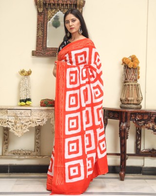 NIKHILAM Printed Daily Wear Pure Cotton Saree(Orange, White)