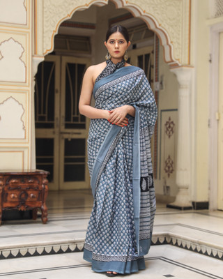 Pallo Latke Blocked Printed Daily Wear Pure Cotton Saree(Multicolor)